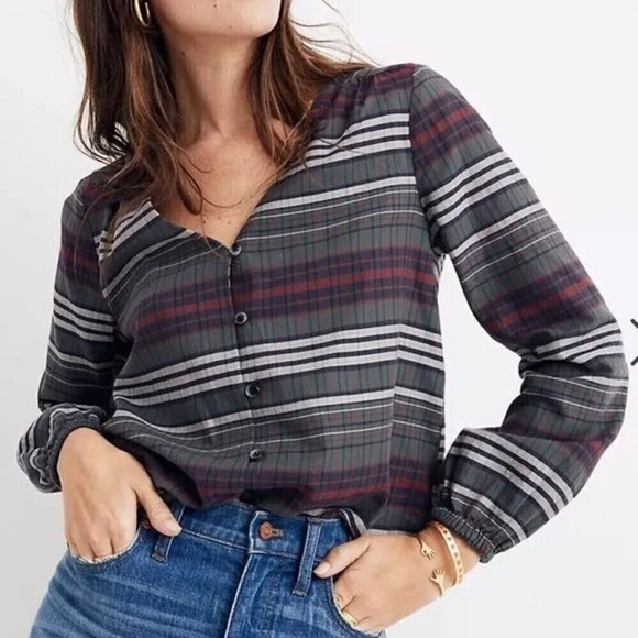 Madewell V-Neck Button-Down Shirt Pineview Plaid ❤️ - Picture 1 of 10